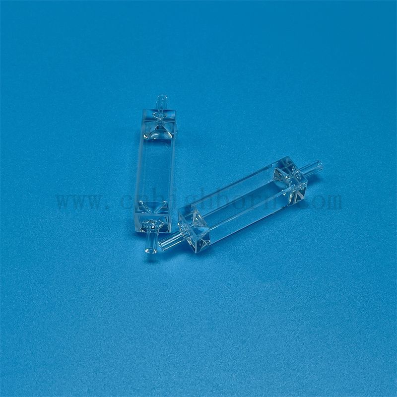 Benutzerdefinierte hohe Präzision klare Quarzglaskuvette optische Durchflusszelle für die Umgebung mit Verbindungsrohr