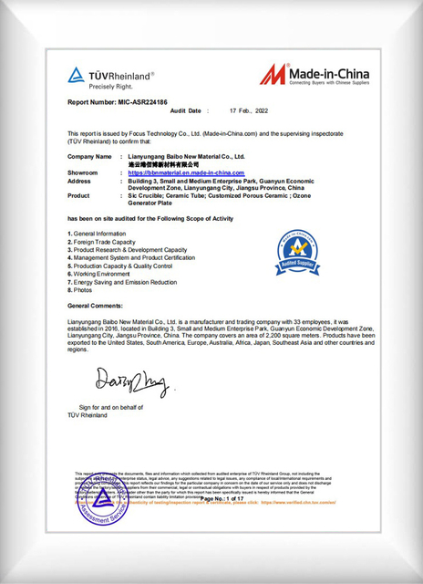 Zertifikat für bearbeitbare Aluminiumoxidkeramik